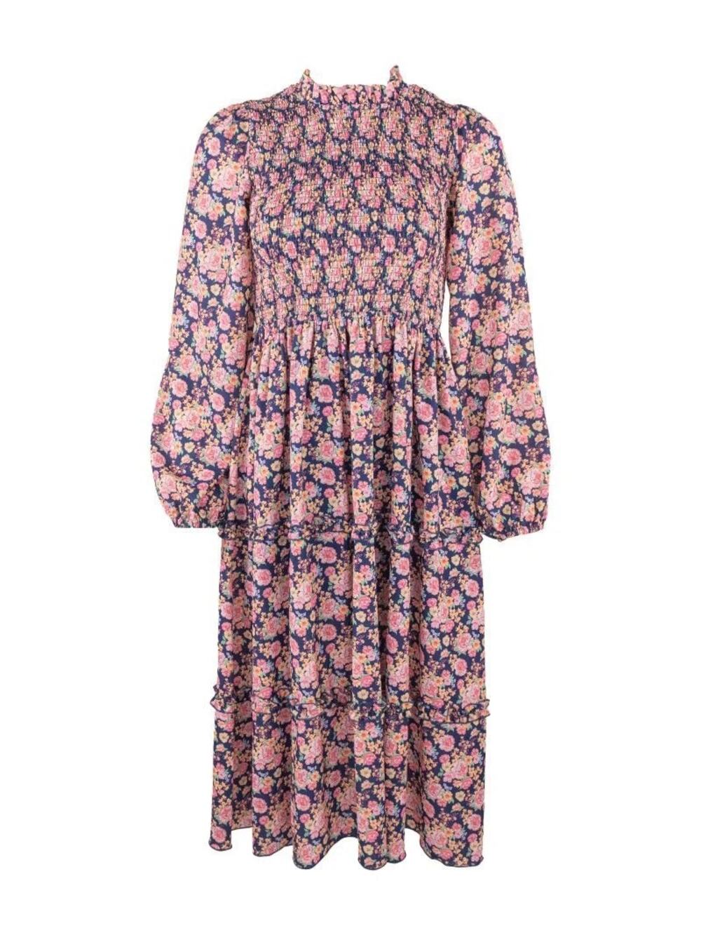 Simply Southern Avery Midi Dress Blue Bloom Floral Smocked Puff Tiered Large NEW